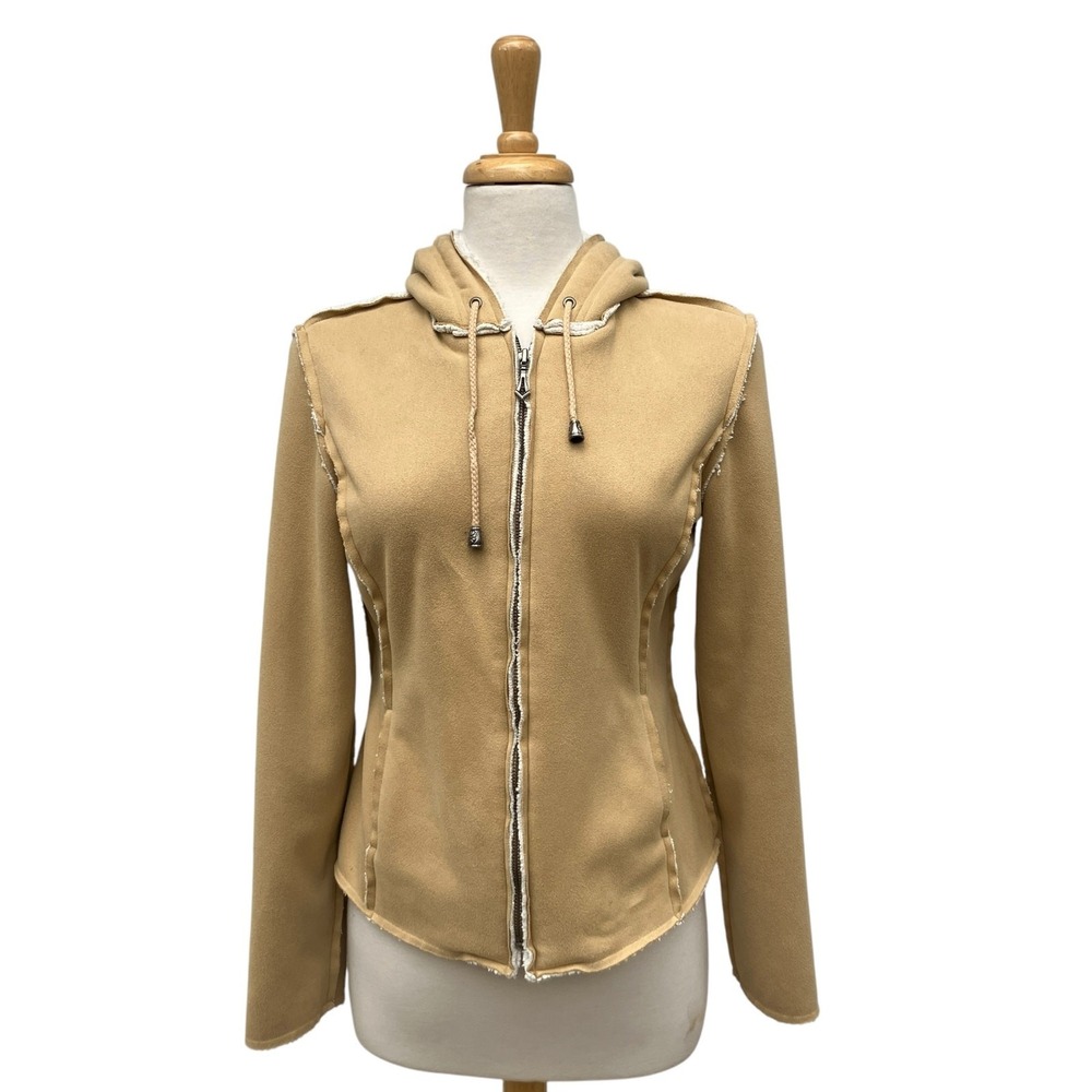 Tommy Hilfiger Hoodie Jacket Small Tan Sherpa Lined Faux Suede Y2K Zip Up 00s